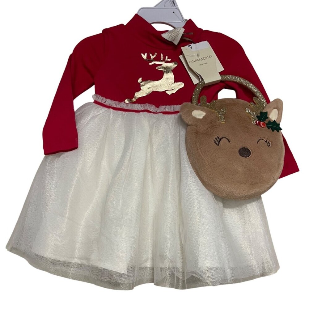 Cynthia Rowley Girls Reindeer Holiday Dress Purse Outfit Red White Size 12M